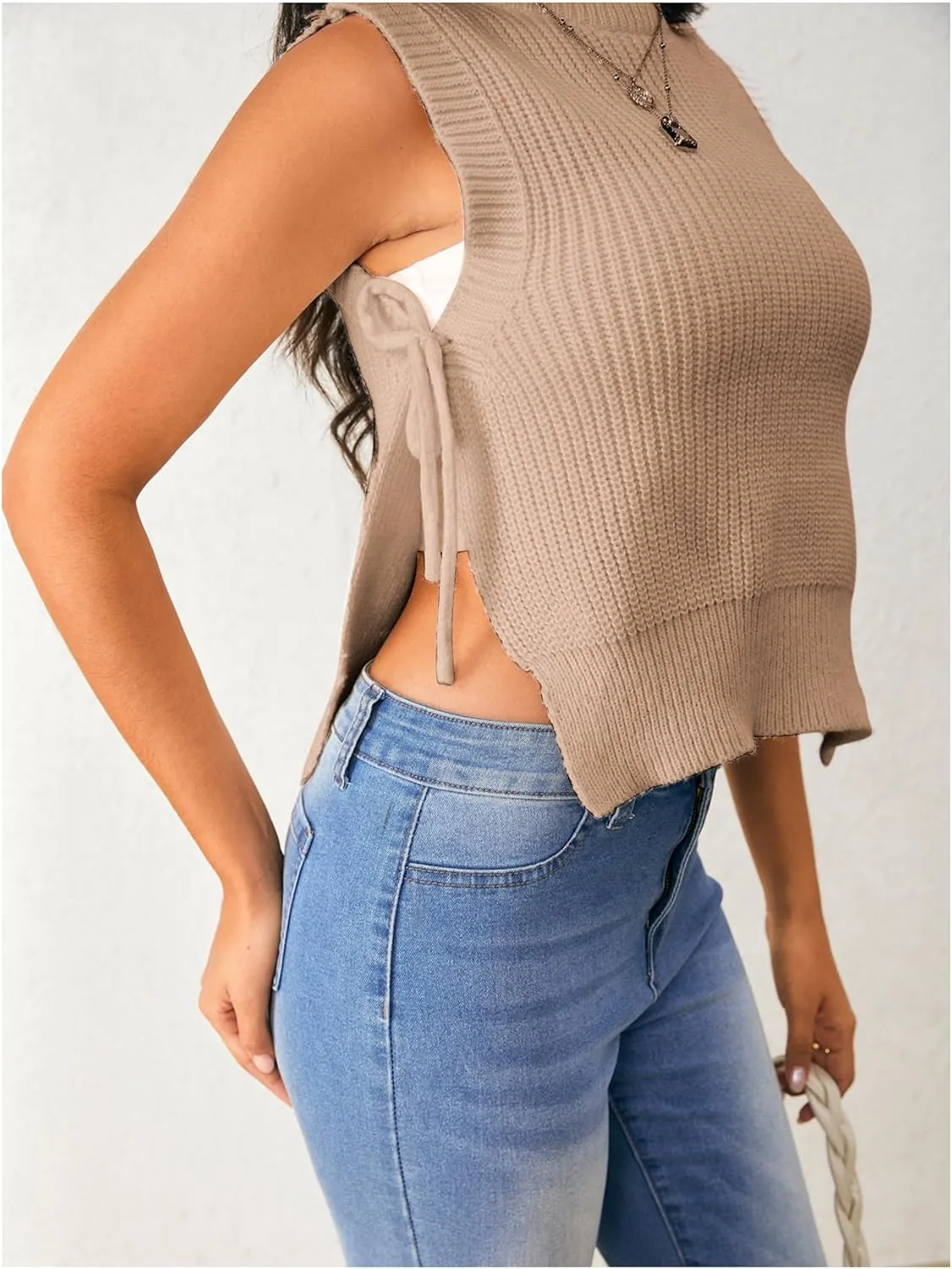 Verdusa Women's Crochet Knit Vest Crop Tank Top Sleeveless Split Tie Side Sweater Vests