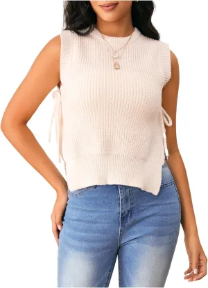 Verdusa Women's Crochet Knit Vest Crop Tank Top Sleeveless Split Tie Side Sweater Vests