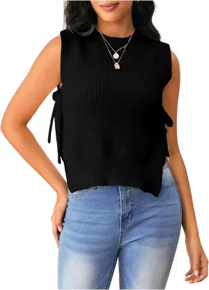 Verdusa Women's Crochet Knit Vest Crop Tank Top Sleeveless Split Tie Side Sweater Vests