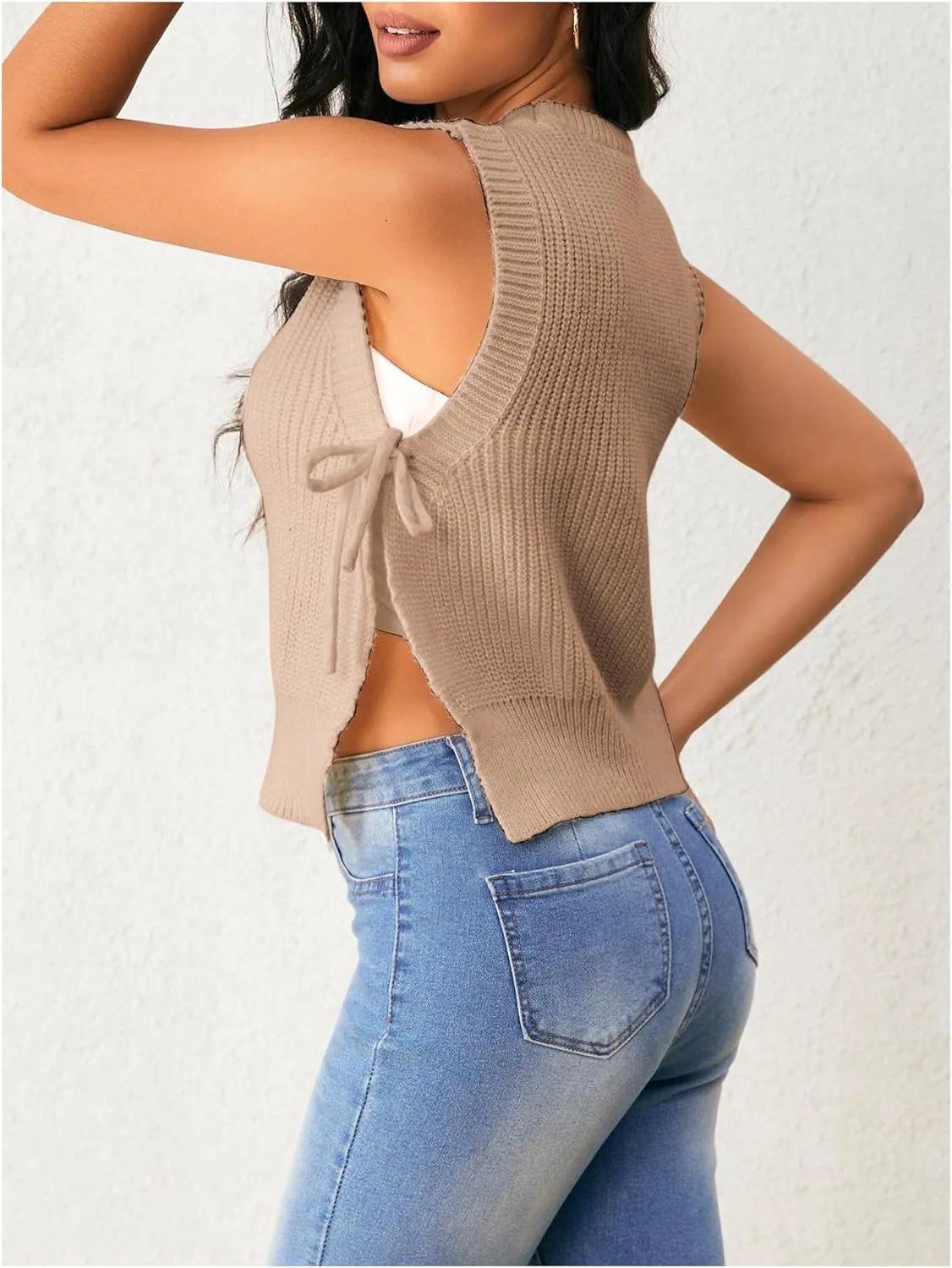 Verdusa Women's Crochet Knit Vest Crop Tank Top Sleeveless Split Tie Side Sweater Vests