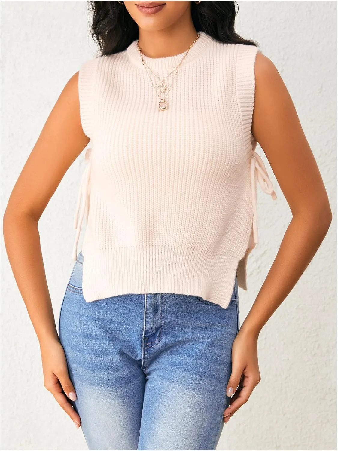 Verdusa Women's Crochet Knit Vest Crop Tank Top Sleeveless Split Tie Side Sweater Vests