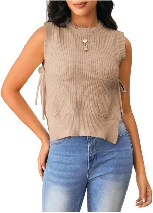 Verdusa Women's Crochet Knit Vest Crop Tank Top Sleeveless Split Tie Side Sweater Vests