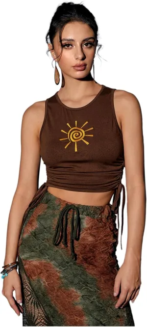 Verdusa Women's Hippie Drawstring Tie Side Round Neck Crop Tank Top Sleeveless Shirts