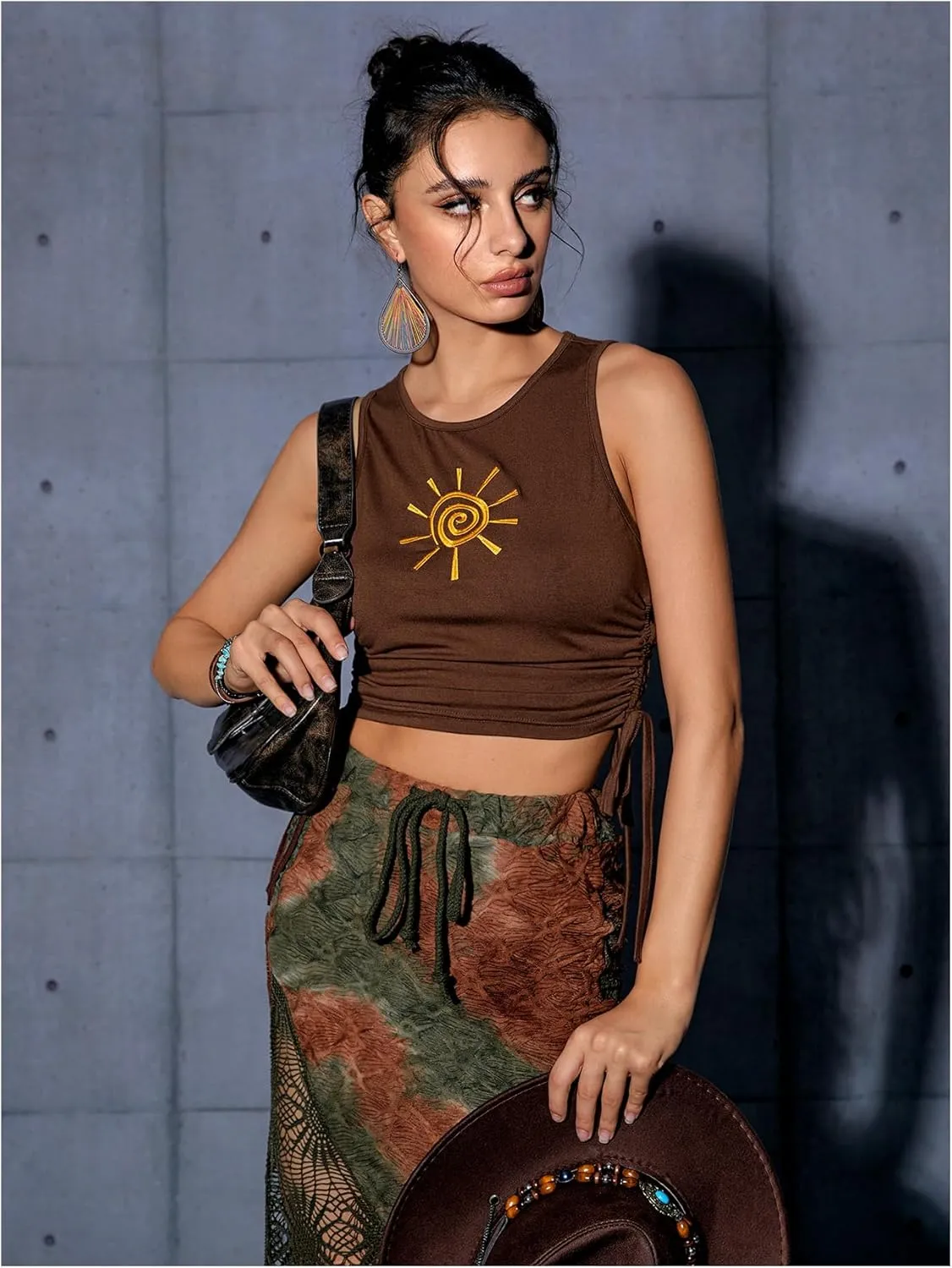 Verdusa Women's Hippie Drawstring Tie Side Round Neck Crop Tank Top Sleeveless Shirts