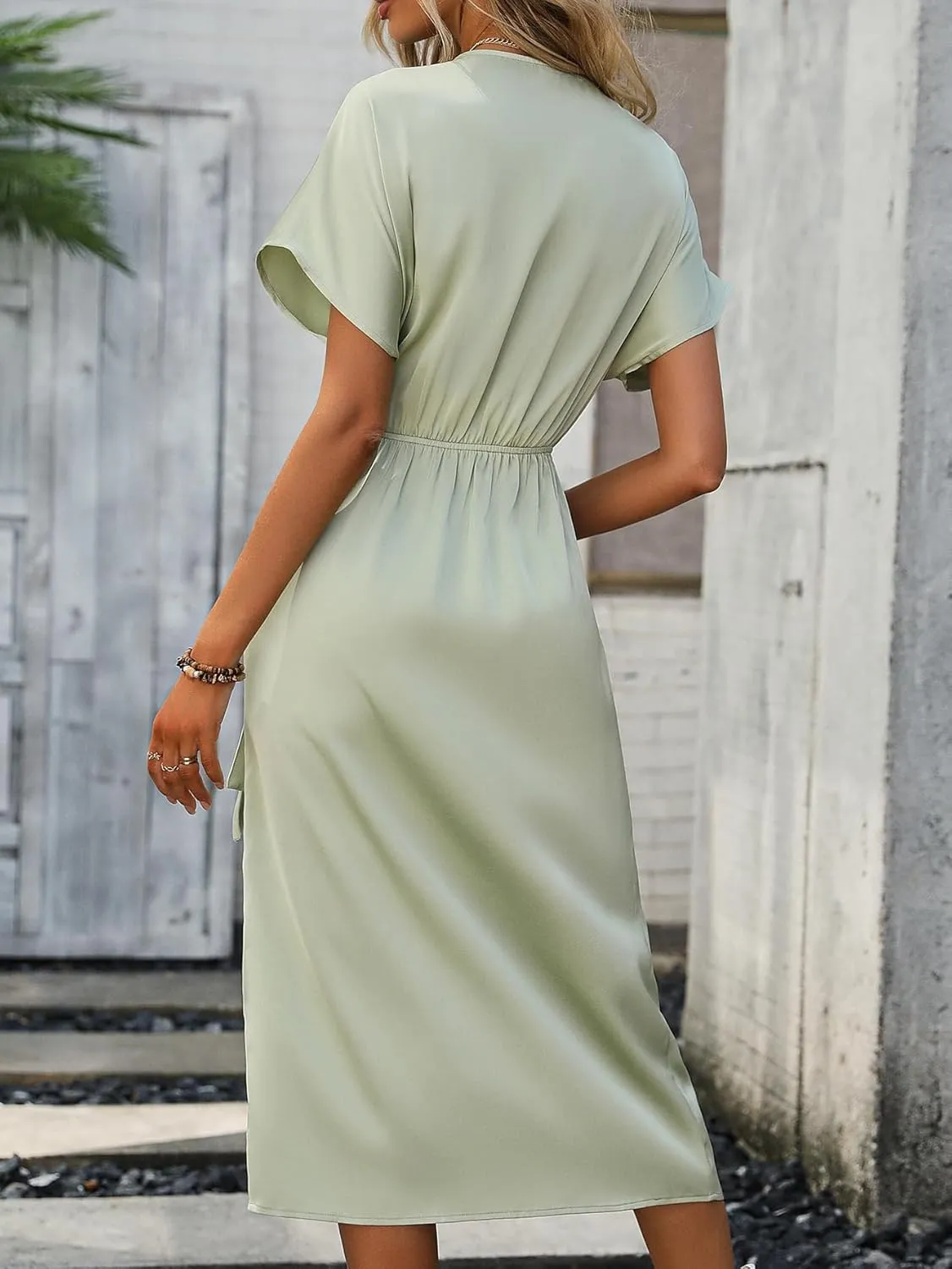 Verdusa Women's Ruched Tie Side Dolman Short Sleeve V Neck Satin Wrap Midi Dress