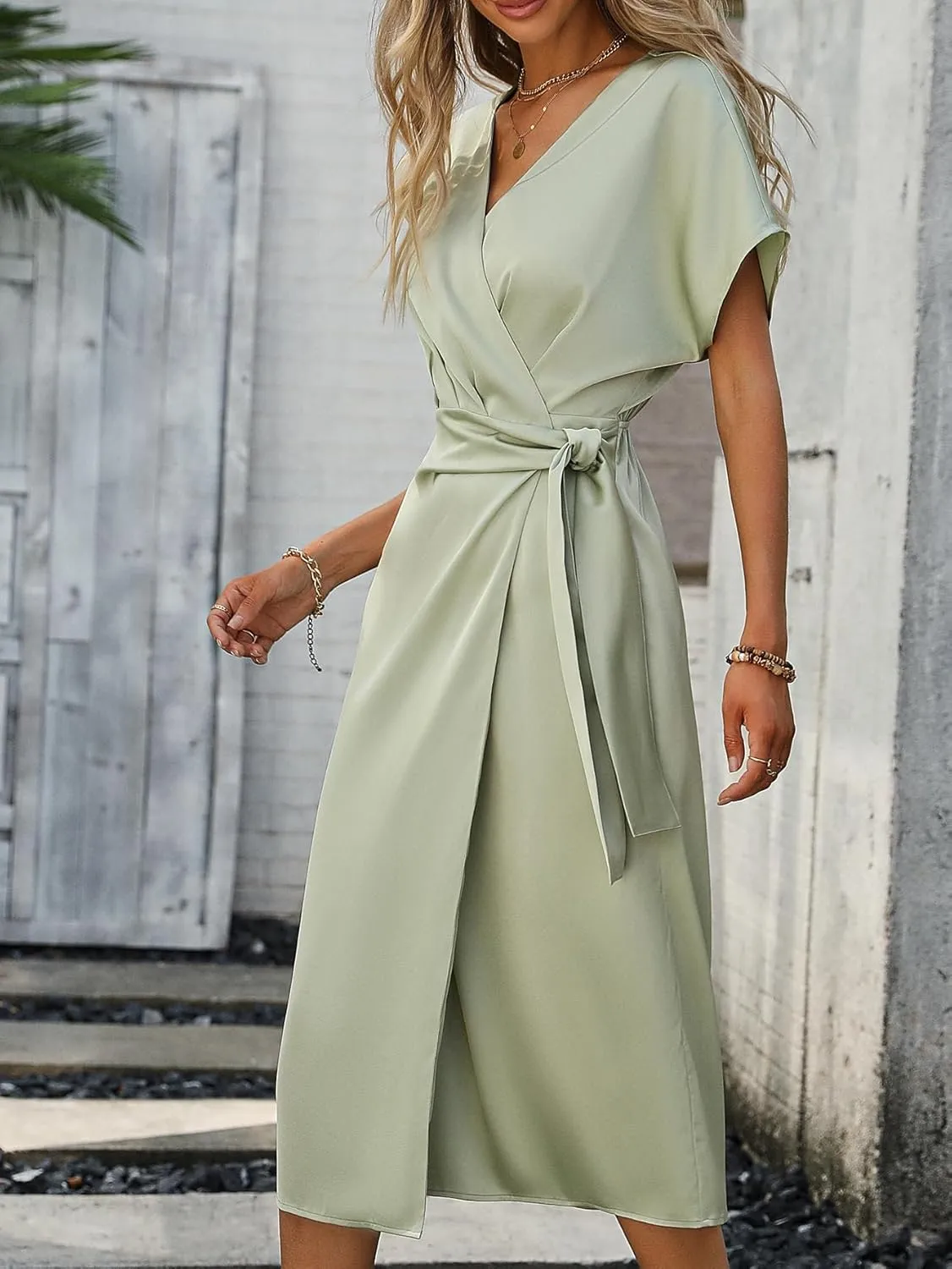 Verdusa Women's Ruched Tie Side Dolman Short Sleeve V Neck Satin Wrap Midi Dress
