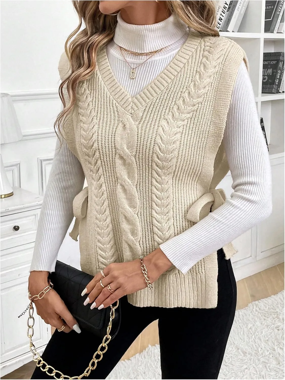 Verdusa Women's Tie Side Split Sweater Vest V Neck Cable Knit Sleeveless Pullover Top