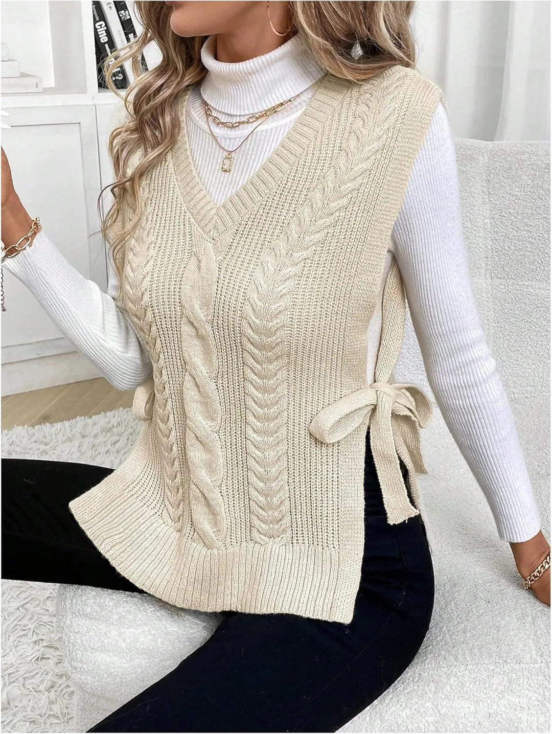 Verdusa Women's Tie Side Split Sweater Vest V Neck Cable Knit Sleeveless Pullover Top