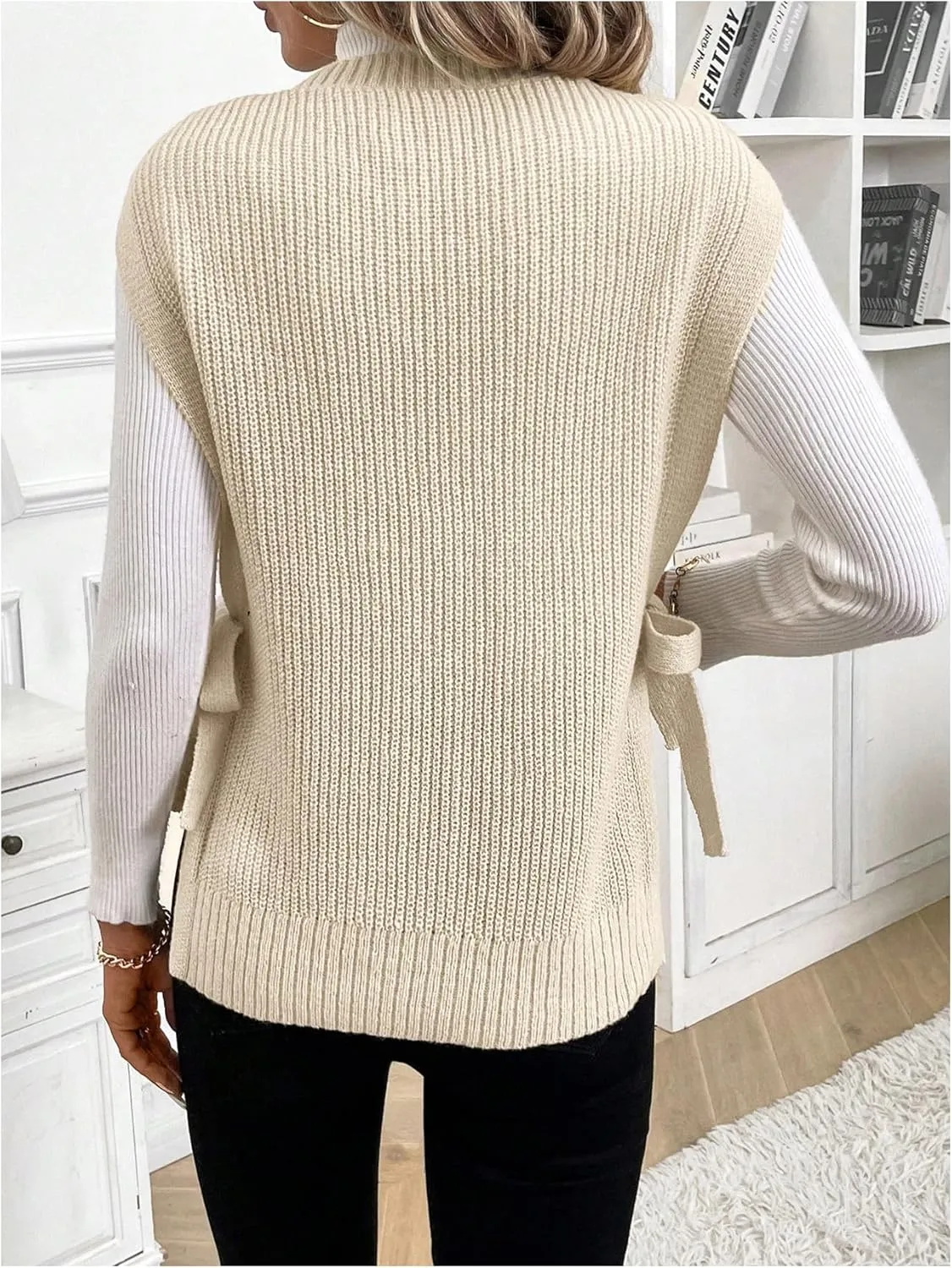 Verdusa Women's Tie Side Split Sweater Vest V Neck Cable Knit Sleeveless Pullover Top