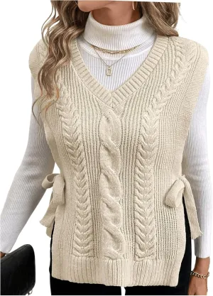 Verdusa Women's Tie Side Split Sweater Vest V Neck Cable Knit Sleeveless Pullover Top
