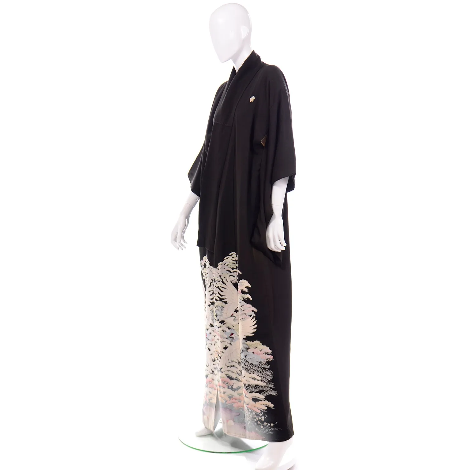 Vintage Long Black Silk Tomesode Japanese Kimono W Mon and Cranes