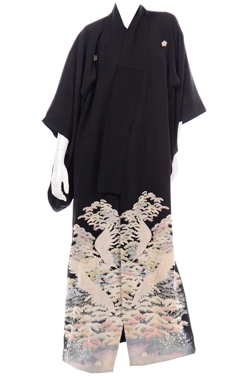 Vintage Long Black Silk Tomesode Japanese Kimono W Mon and Cranes