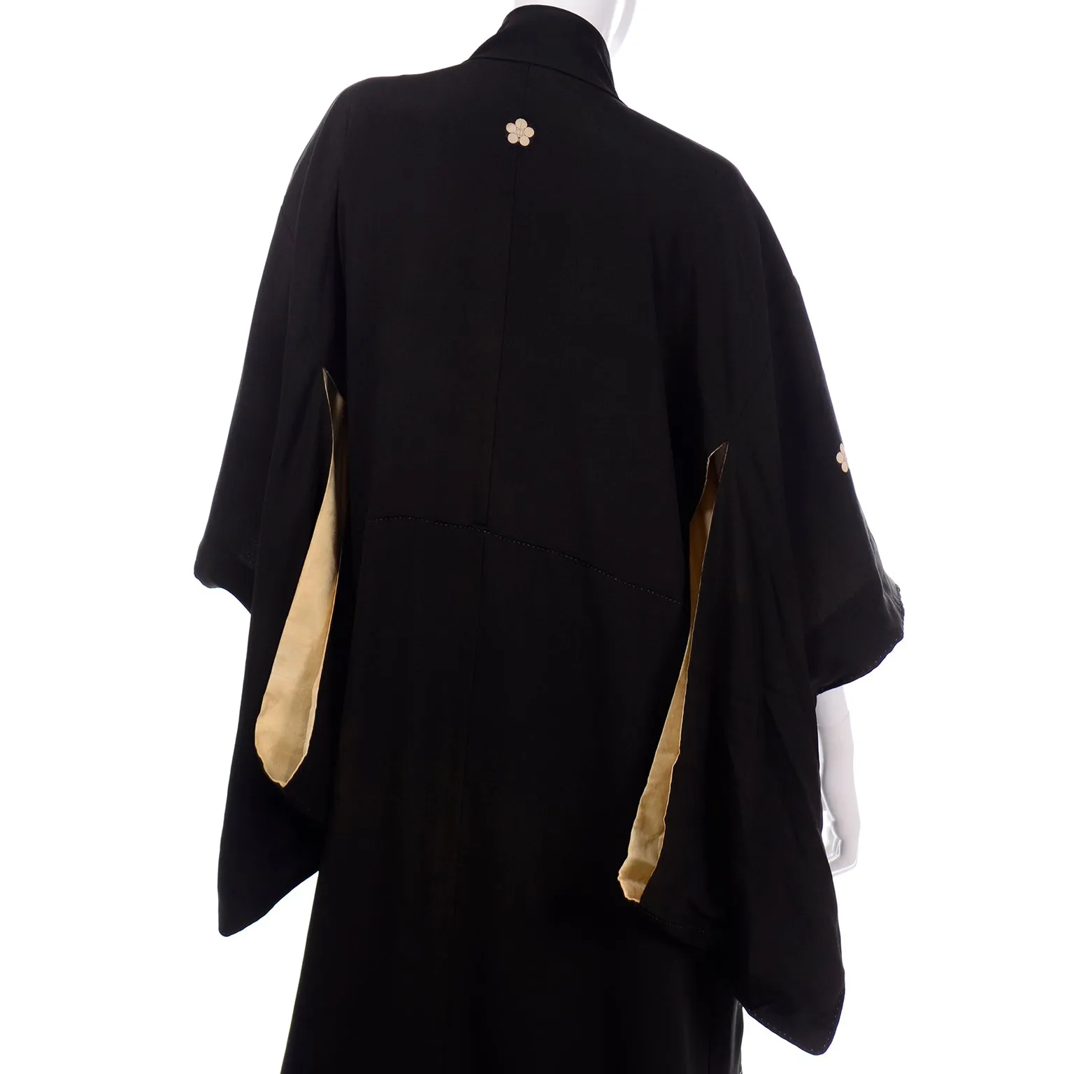 Vintage Long Black Silk Tomesode Japanese Kimono W Mon and Cranes