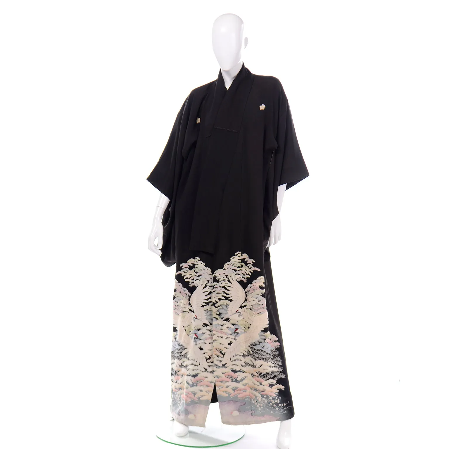 Vintage Long Black Silk Tomesode Japanese Kimono W Mon and Cranes