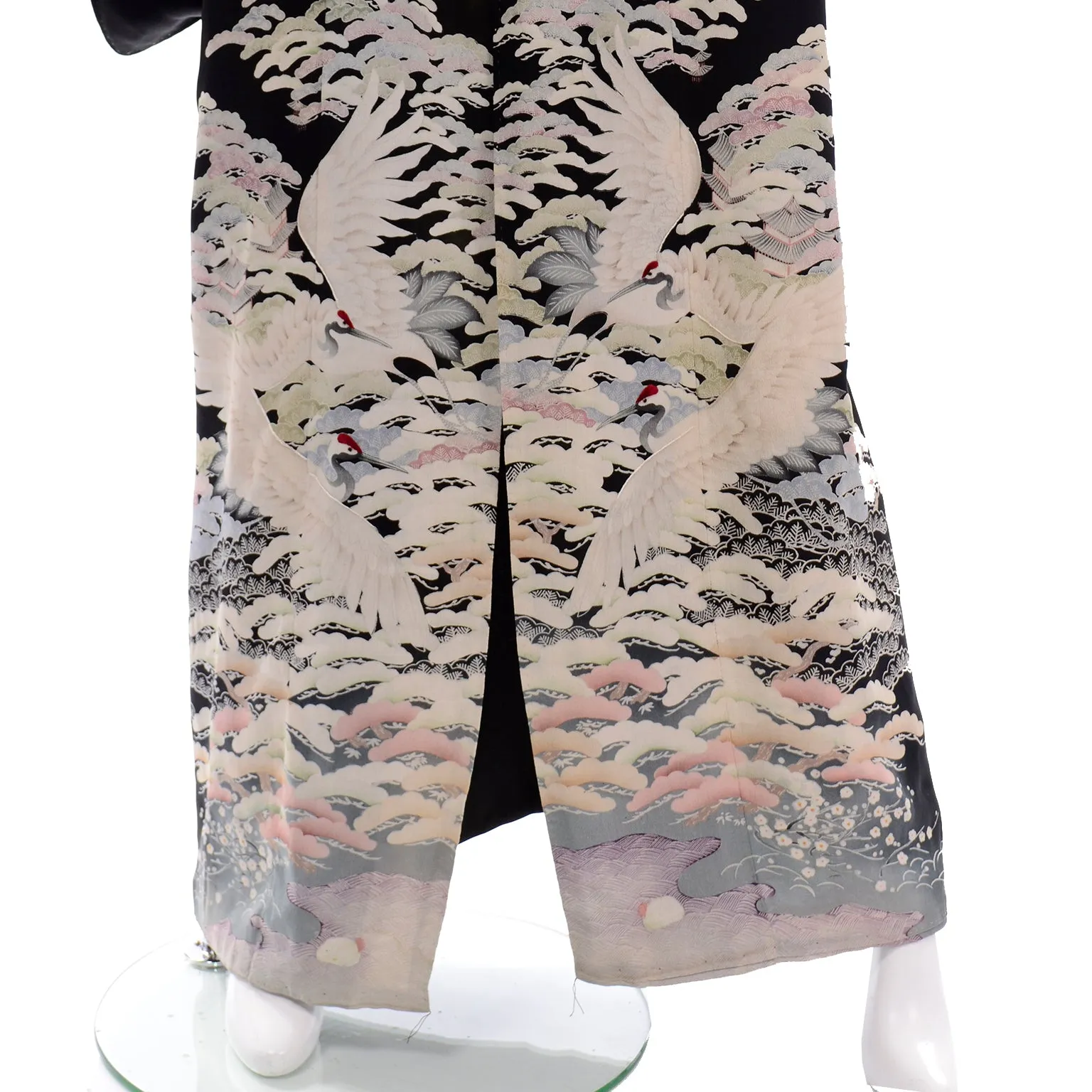 Vintage Long Black Silk Tomesode Japanese Kimono W Mon and Cranes
