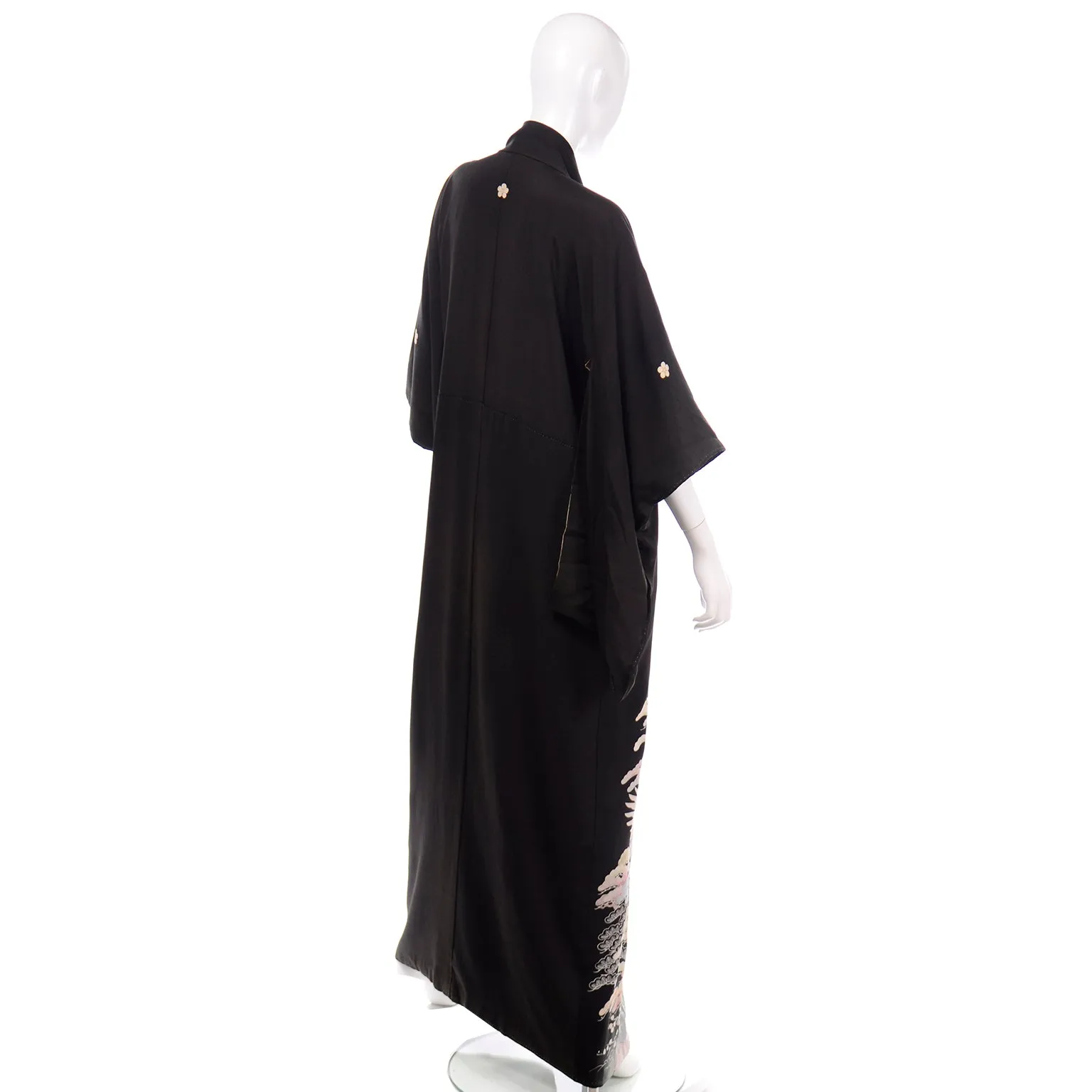 Vintage Long Black Silk Tomesode Japanese Kimono W Mon and Cranes