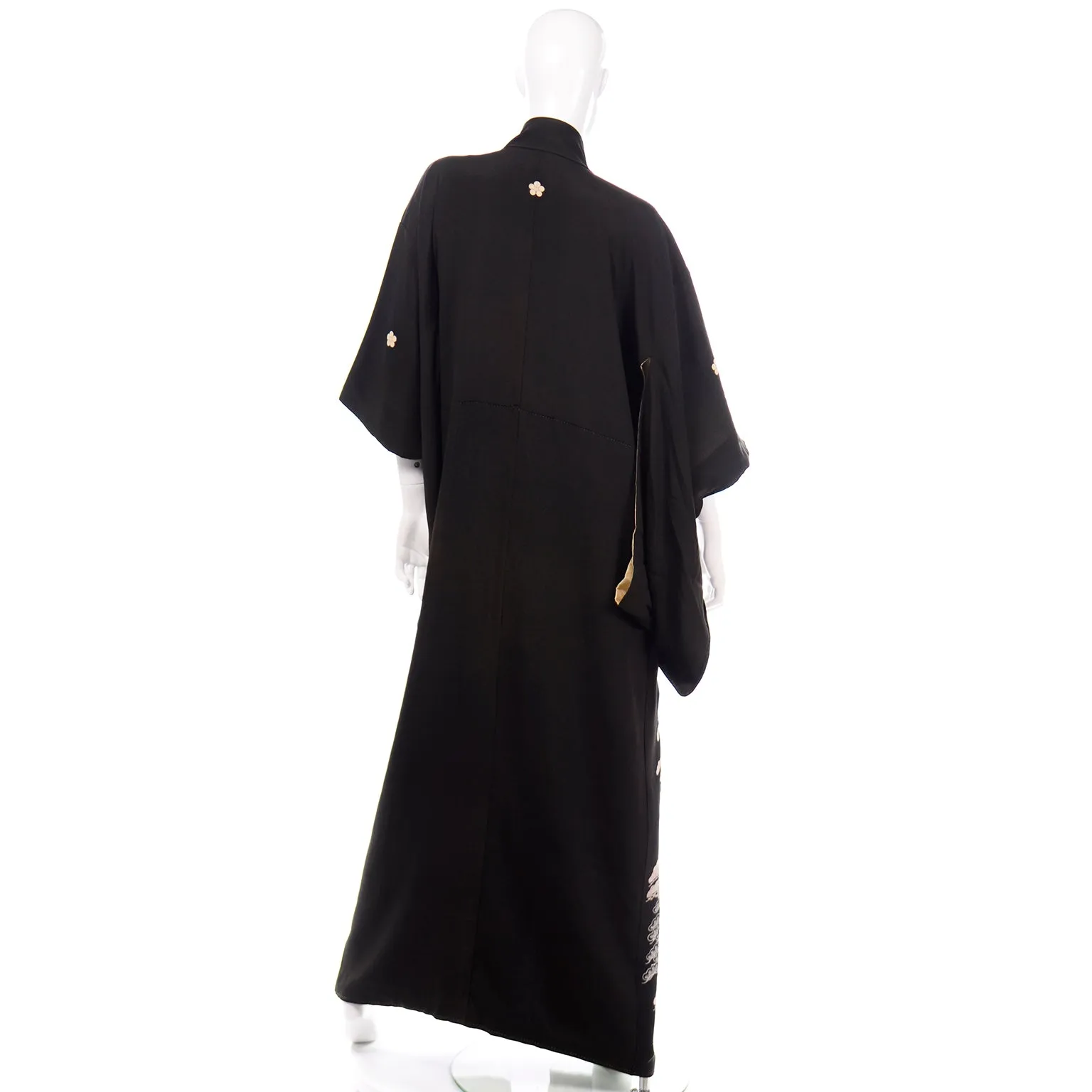 Vintage Long Black Silk Tomesode Japanese Kimono W Mon and Cranes