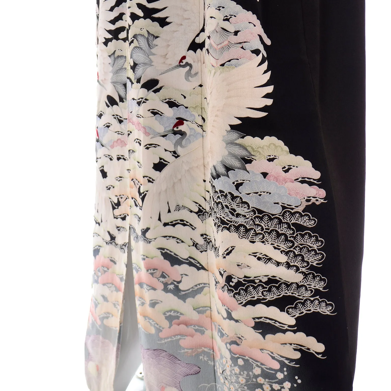 Vintage Long Black Silk Tomesode Japanese Kimono W Mon and Cranes