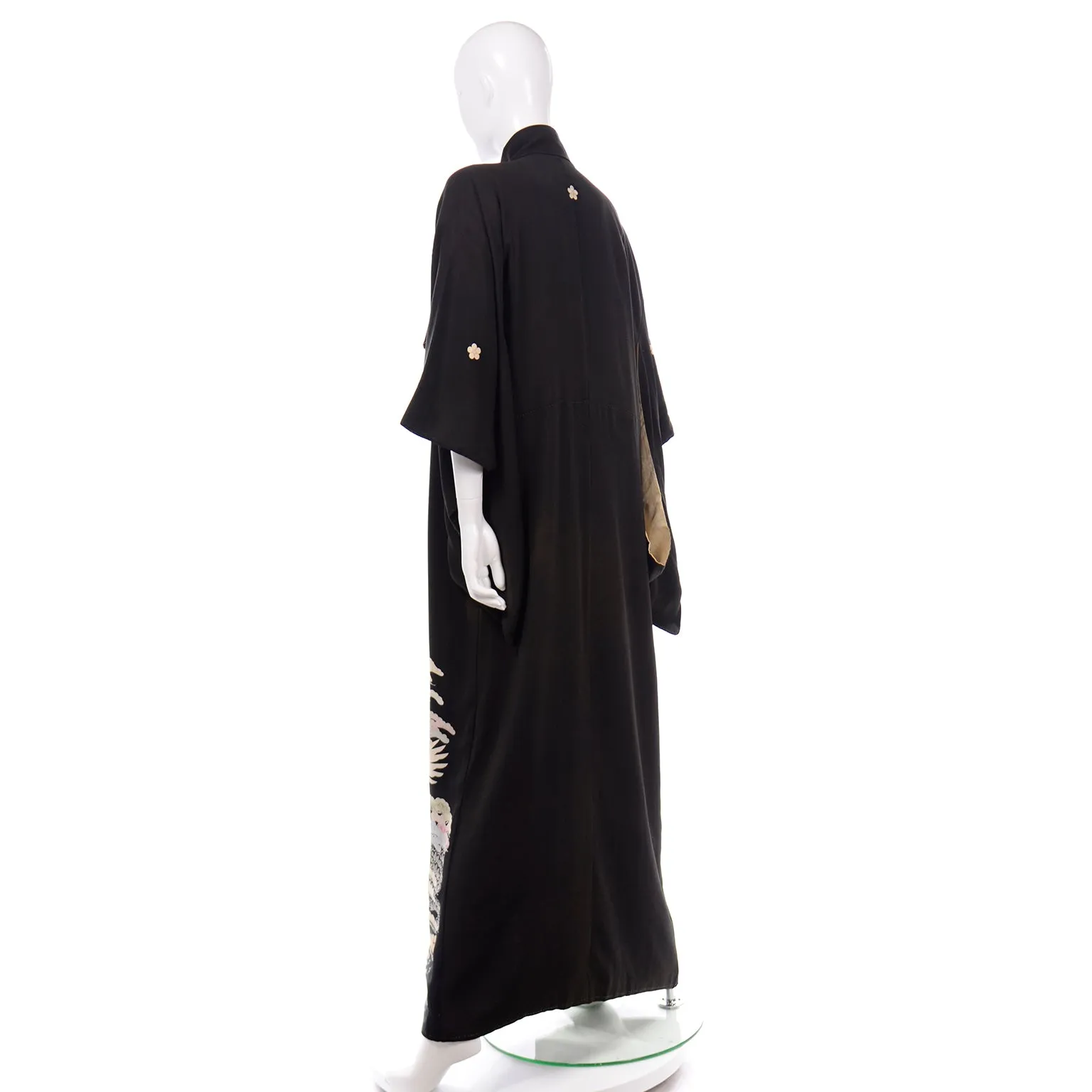 Vintage Long Black Silk Tomesode Japanese Kimono W Mon and Cranes