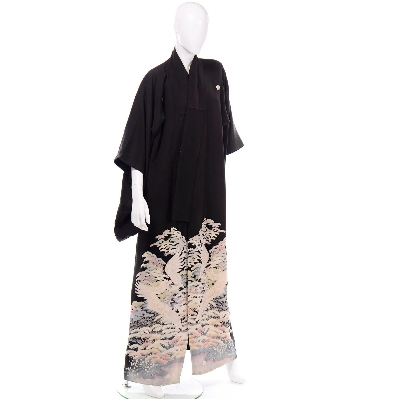Vintage Long Black Silk Tomesode Japanese Kimono W Mon and Cranes