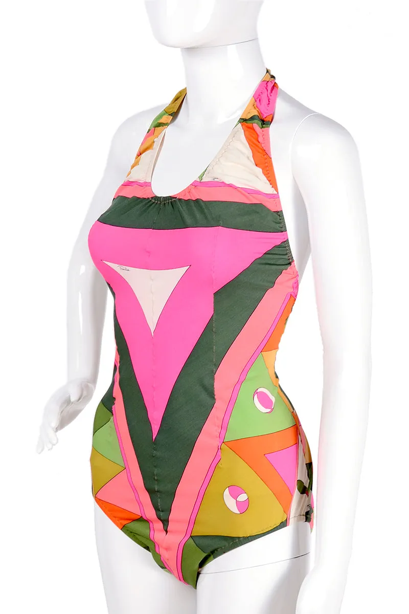 Vintage Pucci One Piece Halter Swimsuit Signature Print Size M