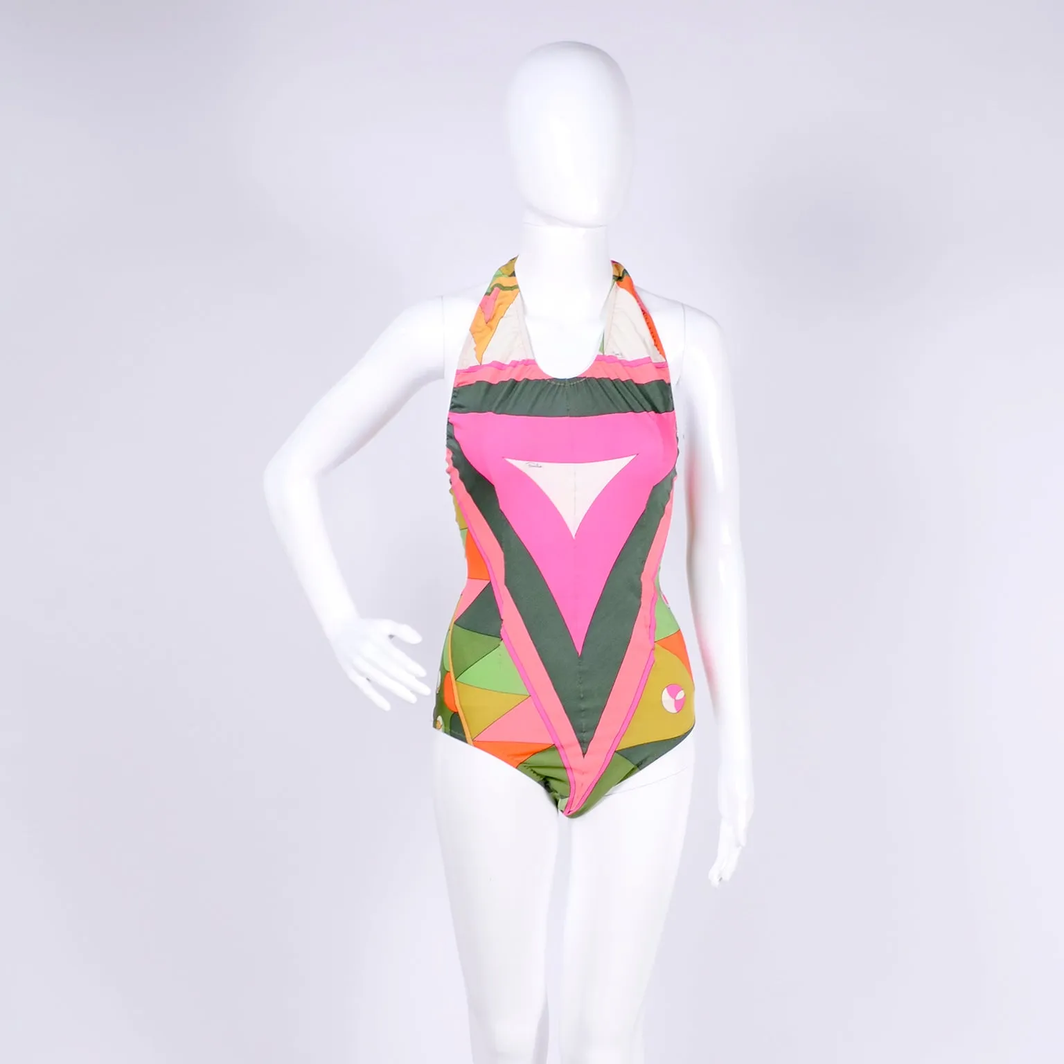 Vintage Pucci One Piece Halter Swimsuit Signature Print Size M