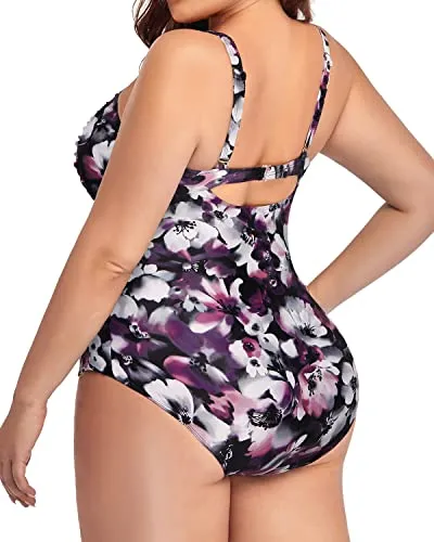 Vintage Retro One Piece Swimsuits For Curvy Women-Purple Floral