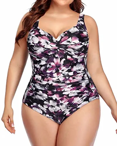 Vintage Retro One Piece Swimsuits For Curvy Women-Purple Floral