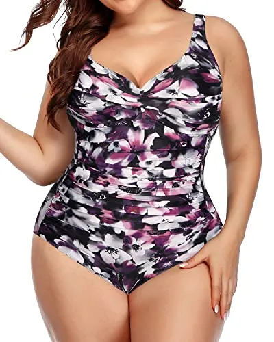 Vintage Retro One Piece Swimsuits For Curvy Women-Purple Floral