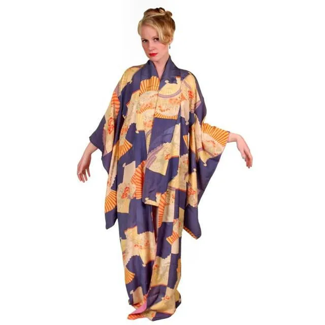 Vintage Silk Japanese Kimono w/ Fan Motif Dusty Periwinkle Peach 1920S One Size