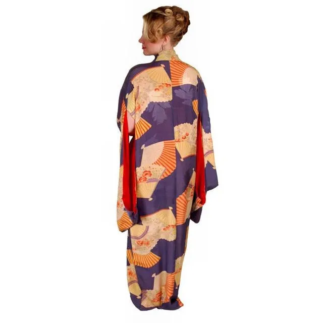 Vintage Silk Japanese Kimono w/ Fan Motif Dusty Periwinkle Peach 1920S One Size