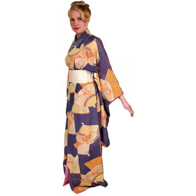 Vintage Silk Japanese Kimono w/ Fan Motif Dusty Periwinkle Peach 1920S One Size