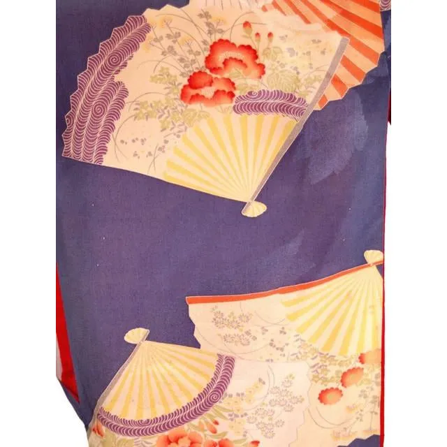 Vintage Silk Japanese Kimono w/ Fan Motif Dusty Periwinkle Peach 1920S One Size