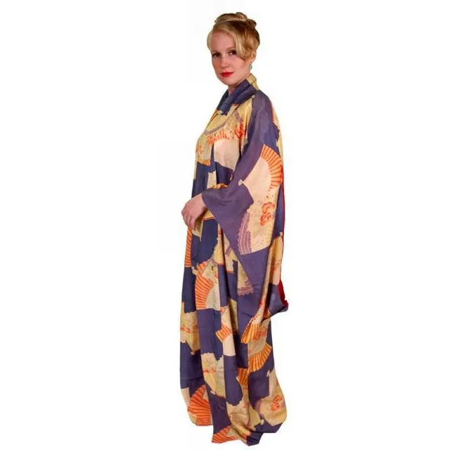 Vintage Silk Japanese Kimono w/ Fan Motif Dusty Periwinkle Peach 1920S One Size
