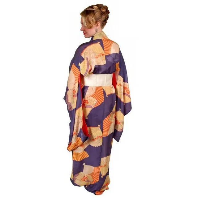 Vintage Silk Japanese Kimono w/ Fan Motif Dusty Periwinkle Peach 1920S One Size