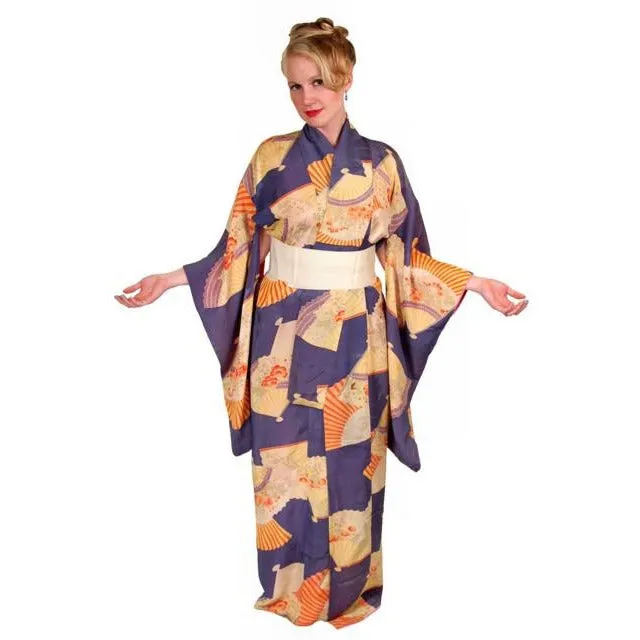 Vintage Silk Japanese Kimono w/ Fan Motif Dusty Periwinkle Peach 1920S One Size