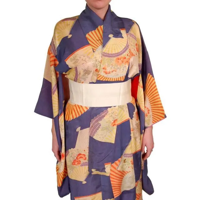 Vintage Silk Japanese Kimono w/ Fan Motif Dusty Periwinkle Peach 1920S One Size