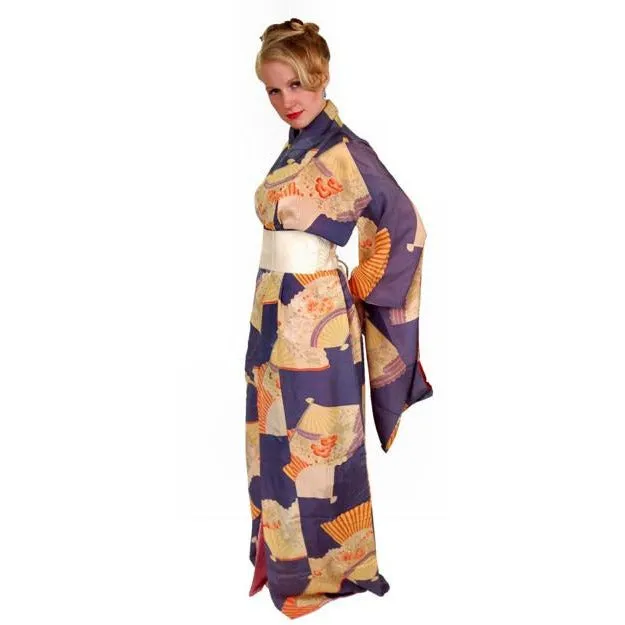 Vintage Silk Japanese Kimono w/ Fan Motif Dusty Periwinkle Peach 1920S One Size