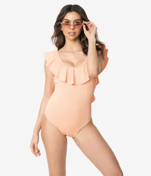 Vintage Style Peach Pink Rib Ruffle One Piece Swimsuit