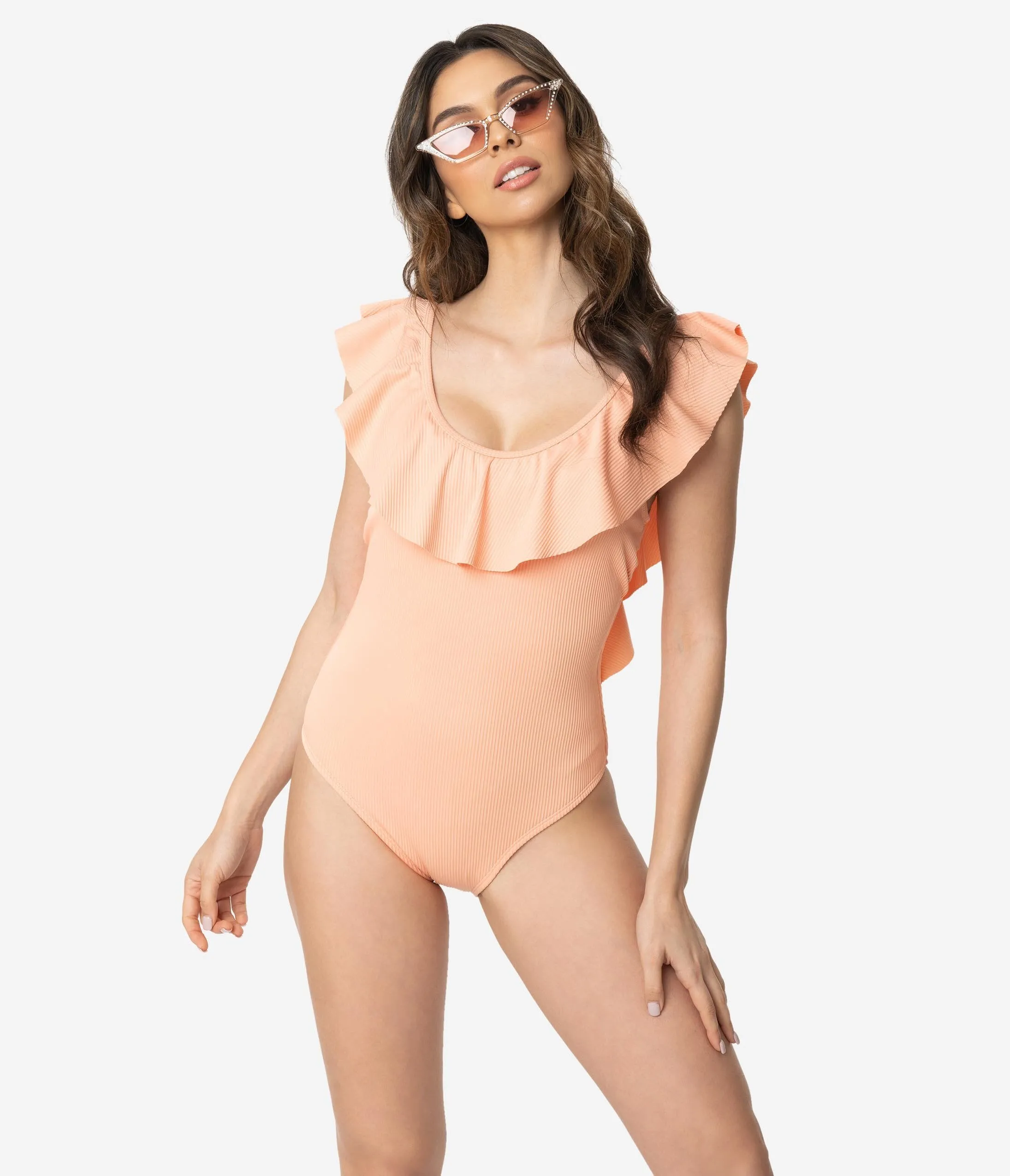Vintage Style Peach Pink Rib Ruffle One Piece Swimsuit