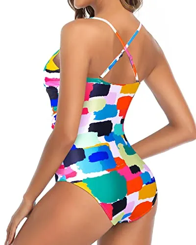 Vintage Tummy Control Bathing Suit With Criss Cross Swimwear-Aqua