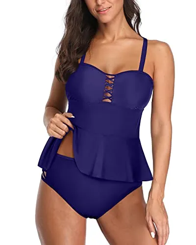 Vintage Women's Lace Up Front Design Peplum Tankini Swimsuit-Navy Blue