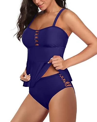 Vintage Women's Lace Up Front Design Peplum Tankini Swimsuit-Navy Blue