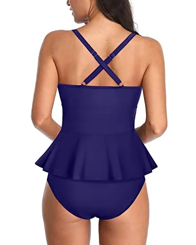 Vintage Women's Lace Up Front Design Peplum Tankini Swimsuit-Navy Blue