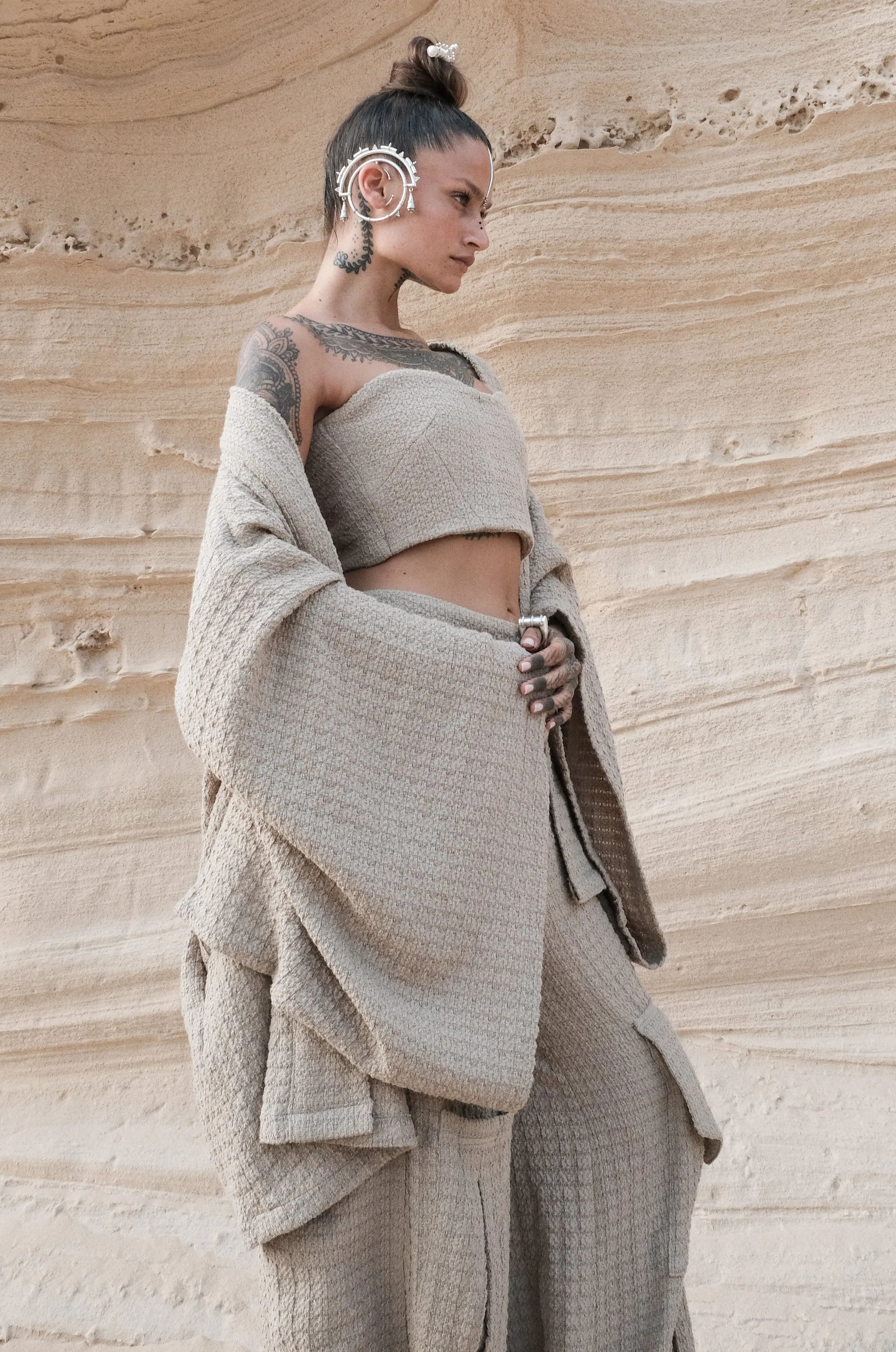 Waffle Knit Kimono in Sand
