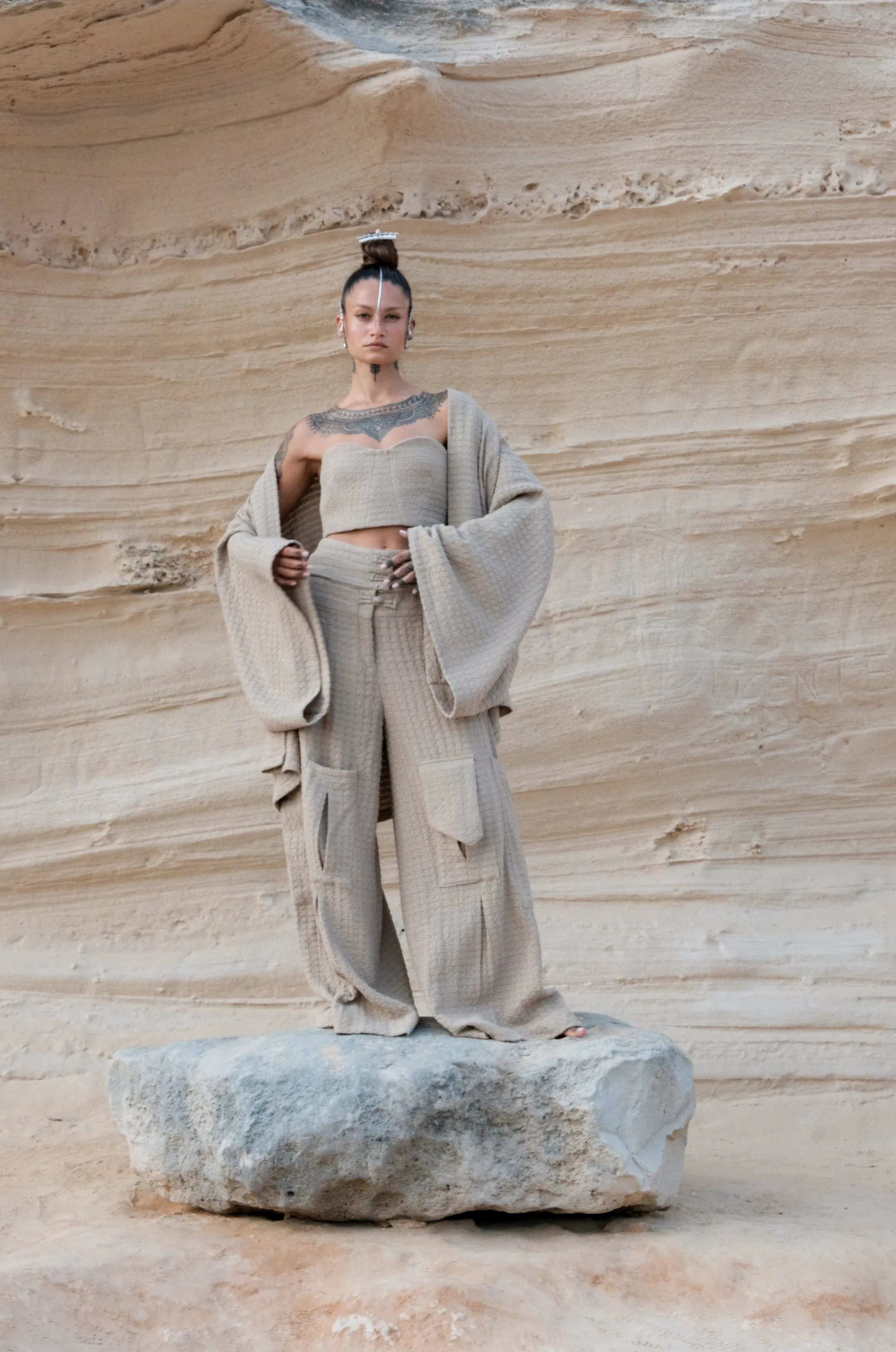 Waffle Knit Kimono in Sand
