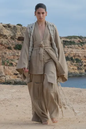 Waffle Knit Kimono in Sand