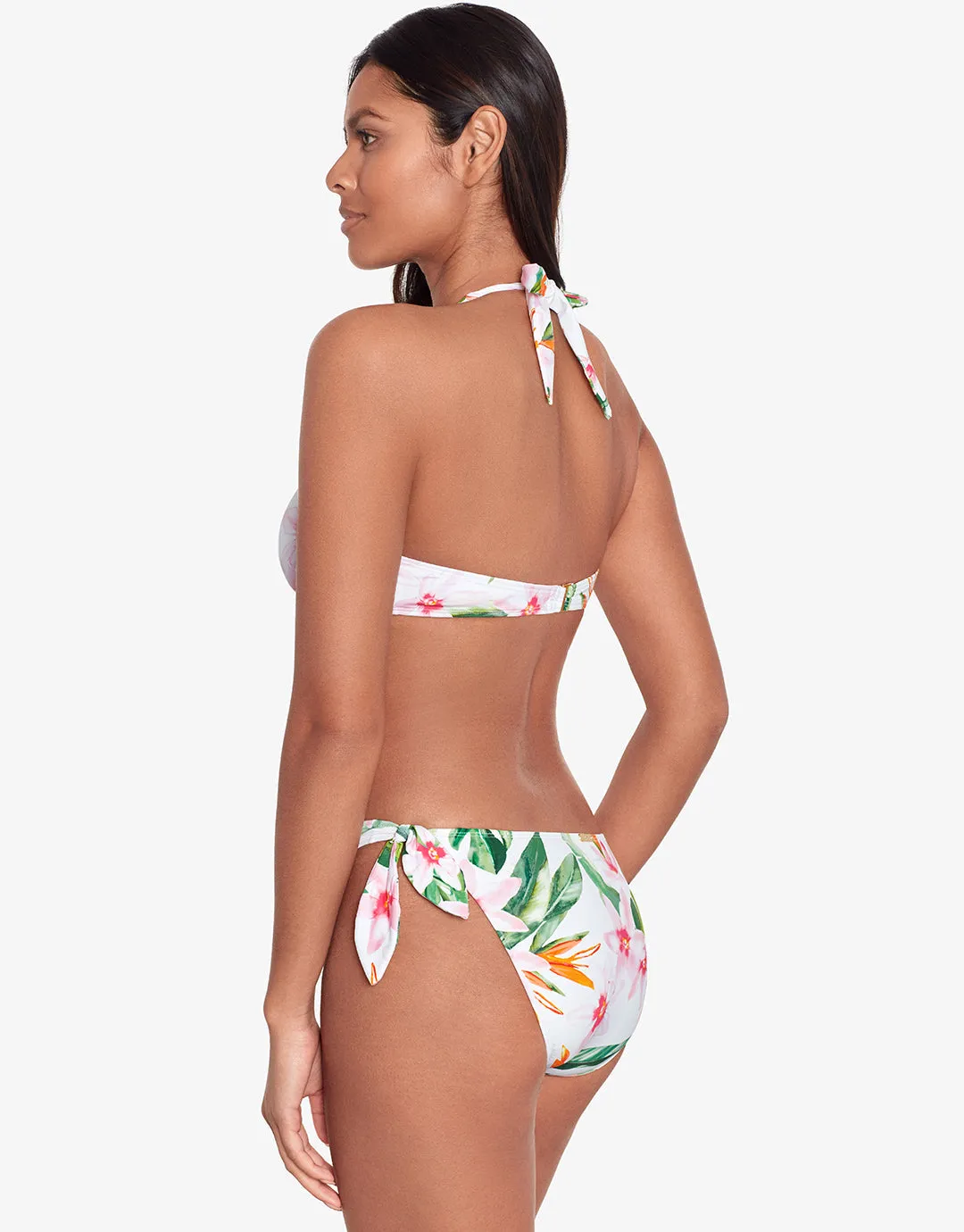 Watercolour Tropical Tie Front Halter Bikini Top - White Multi