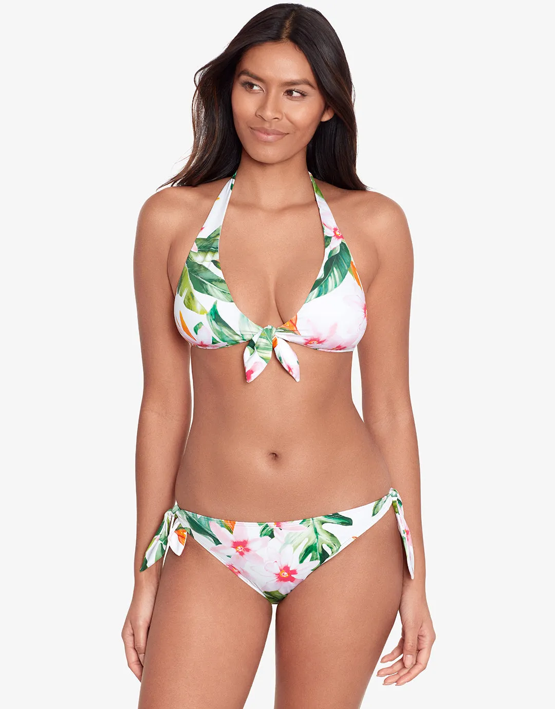 Watercolour Tropical Tie Front Halter Bikini Top - White Multi