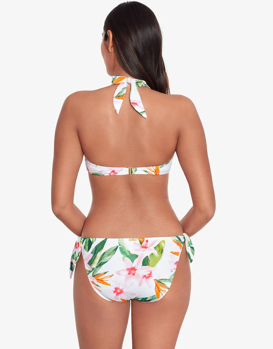 Watercolour Tropical Tie Front Halter Bikini Top - White Multi